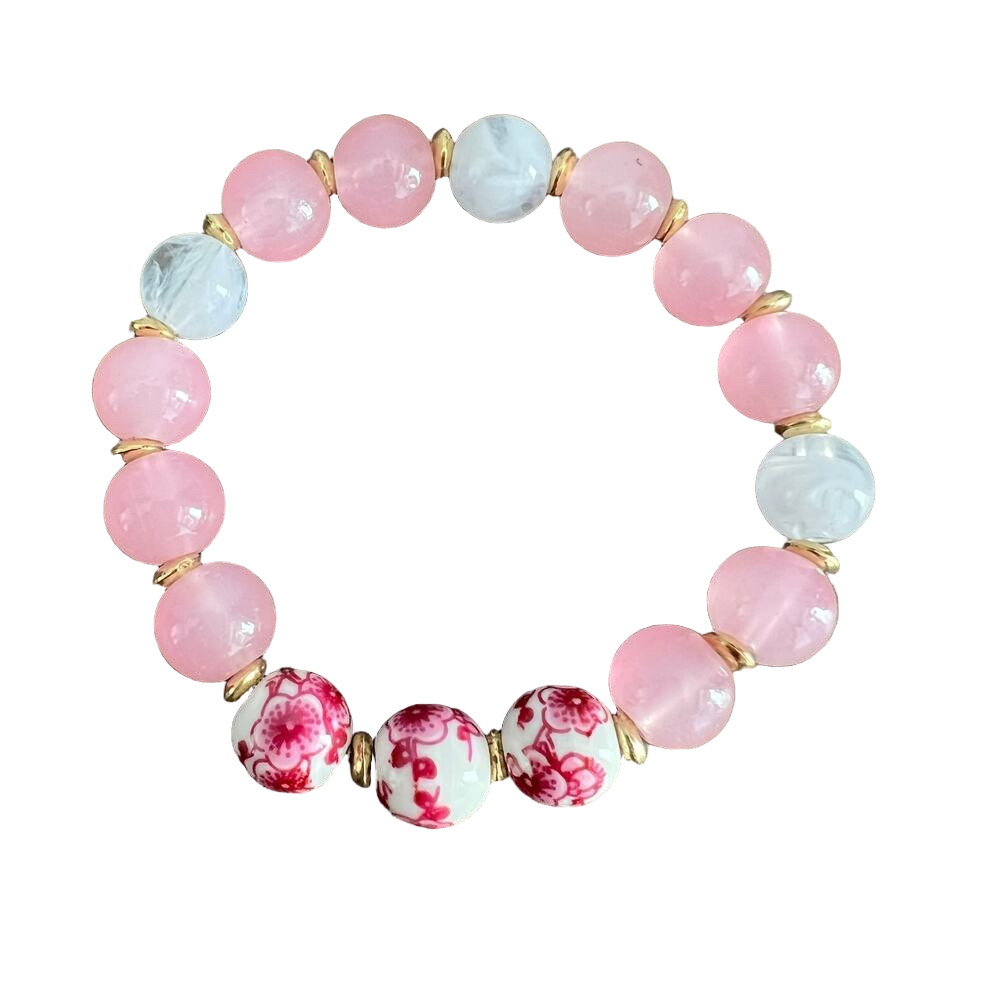 Japanese Style Pink and White Floral Chunky Beaded Stretch Bracelet